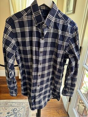 Buttoned Classic Down Navy Plaid Men's Shirt Flannel Small Button down